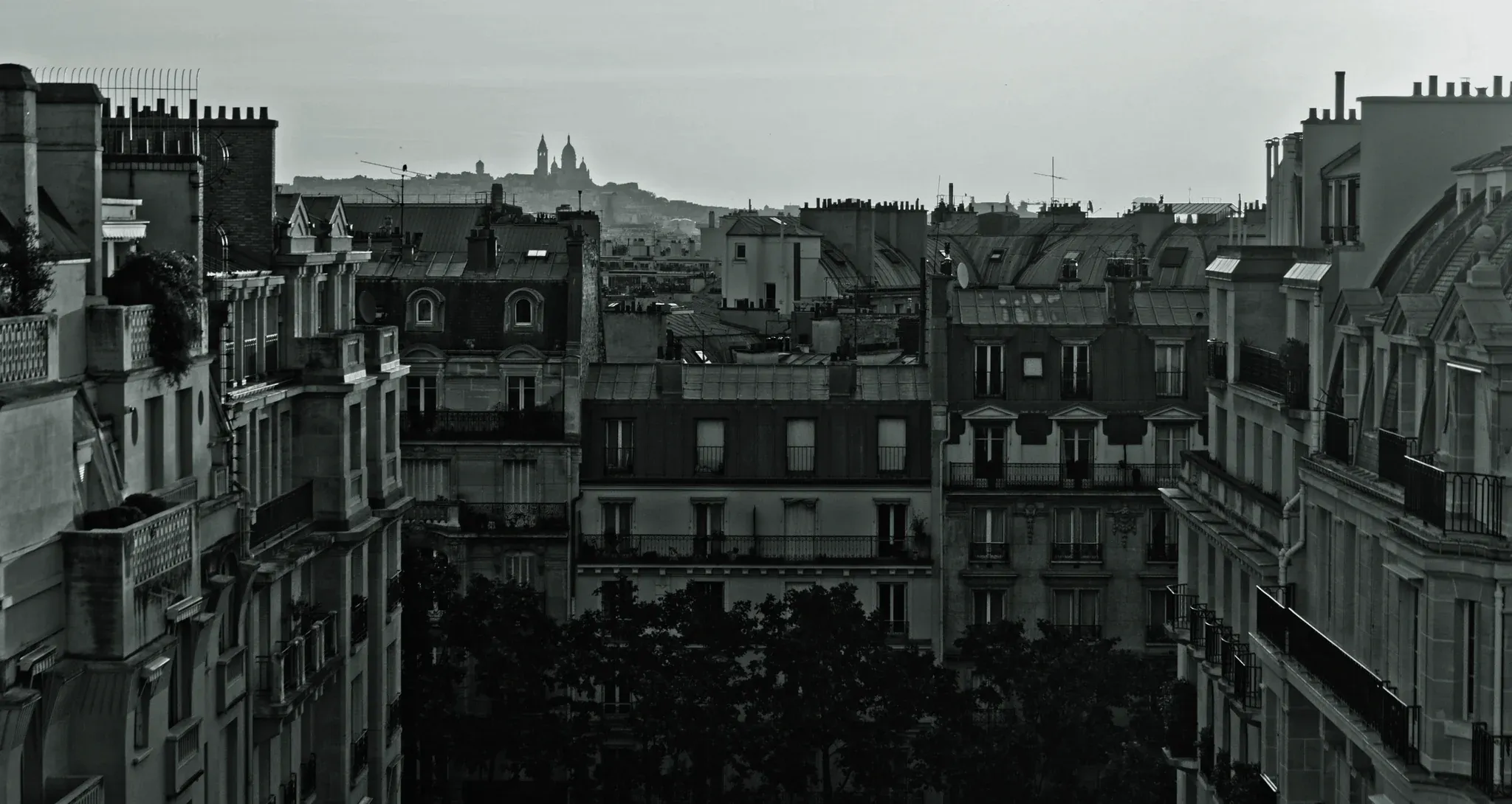 Toits de Paris au petit jour, en zinc, avec leurs cheminées
